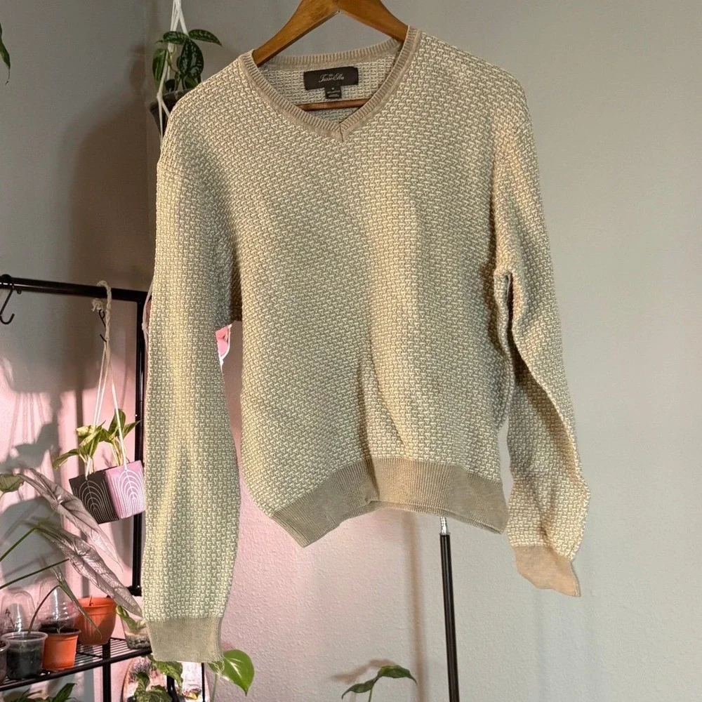 Tasso Elba Sweater Mens‎ Medium Tan Textured V-Neck 100% Cotton Pullover Knit